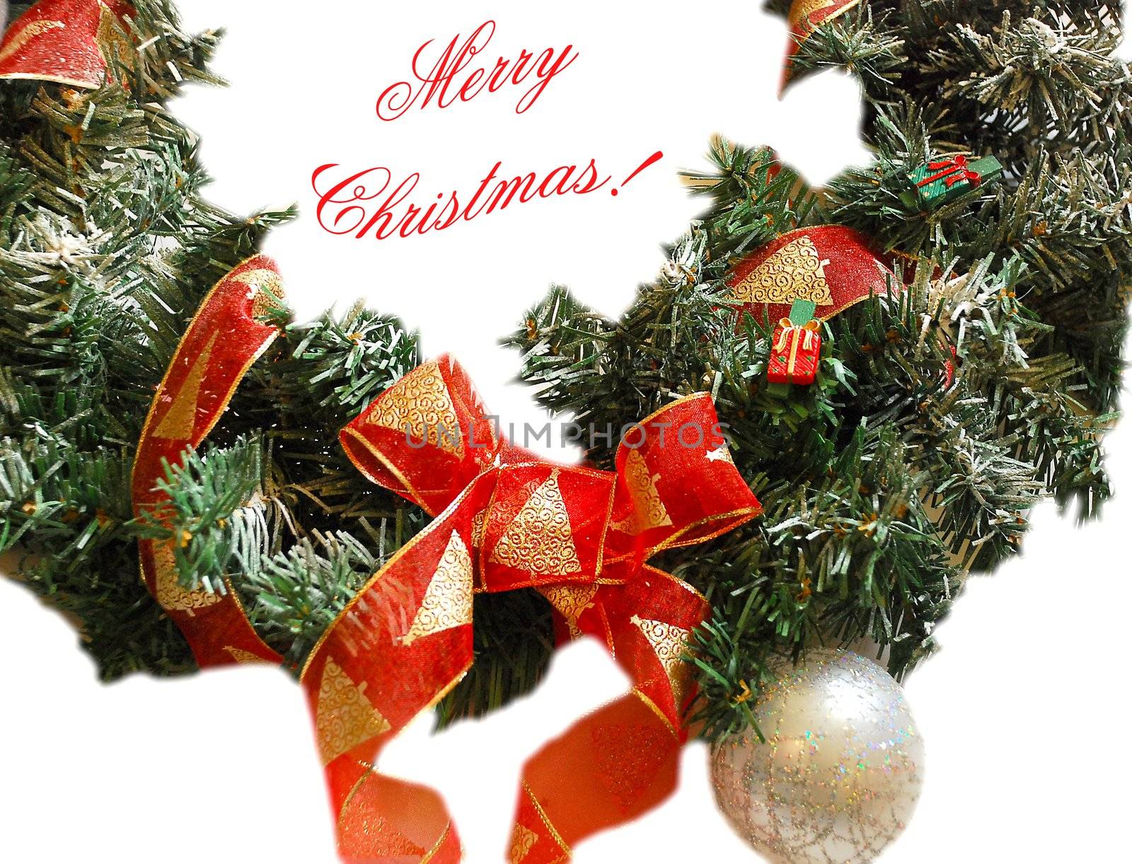 A decorated twig of fir, with red and gold band and little gifts, nd a ball. The background is white and it's written " Merry Christmas!".