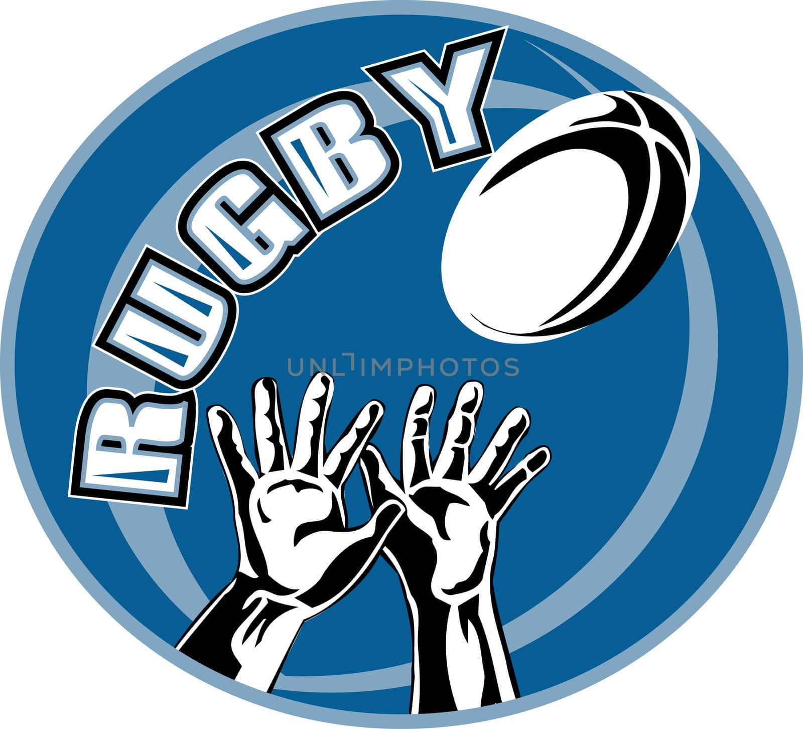 retro illustration style of rugby player two hands catching ball set inside oval with words "rugby"