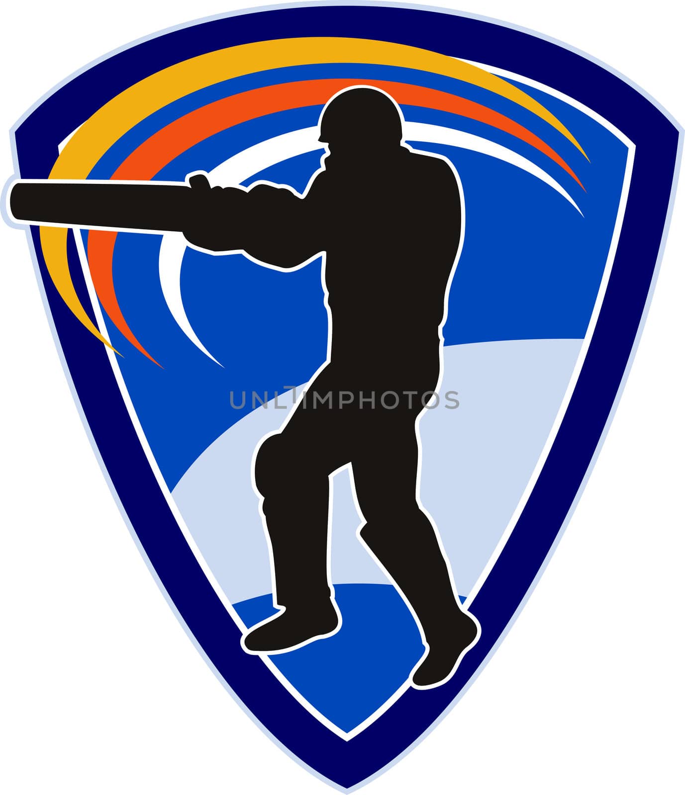 illustration of a cricket sports player batsman silhouette batting set inside shield