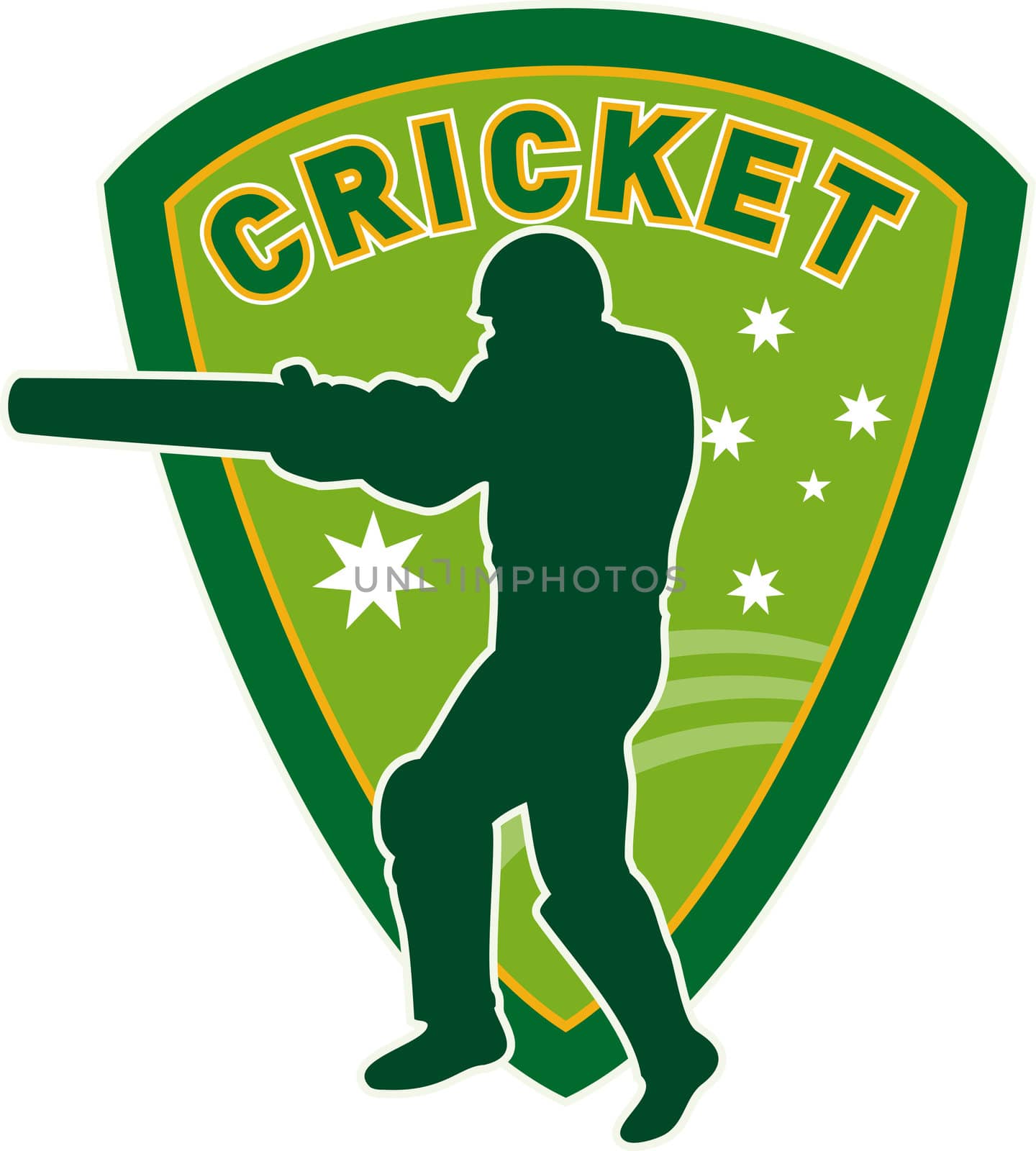 illustration of a cricket sports player batsman silhouette batting set inside shield with stars of australia flag and australian green and gold color