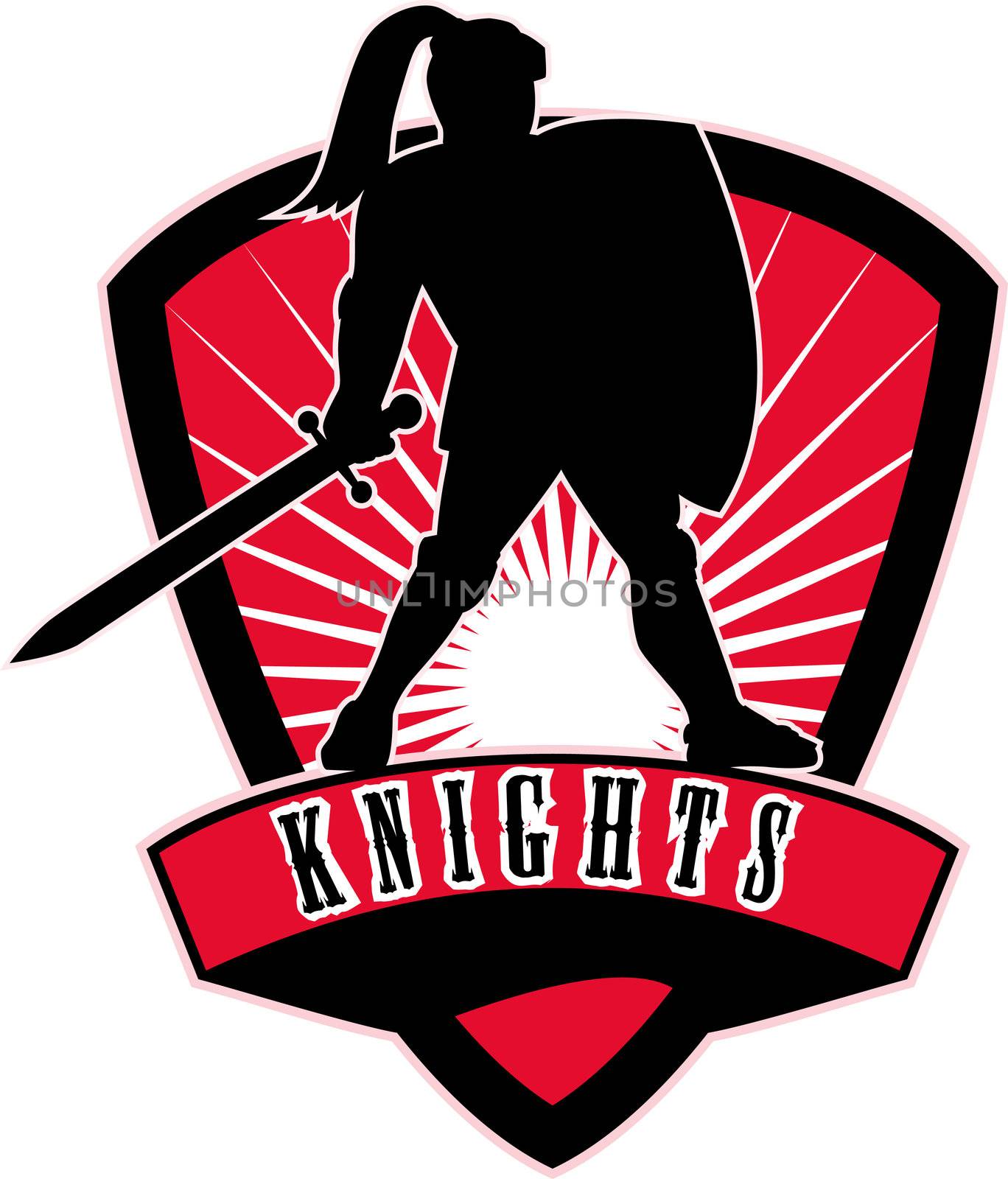 illustration of a Knight silhouette with sword and shield facing side with sunburst in background set inside shield with words "Knights" suitable as mascot for any sports or sporting club or organization