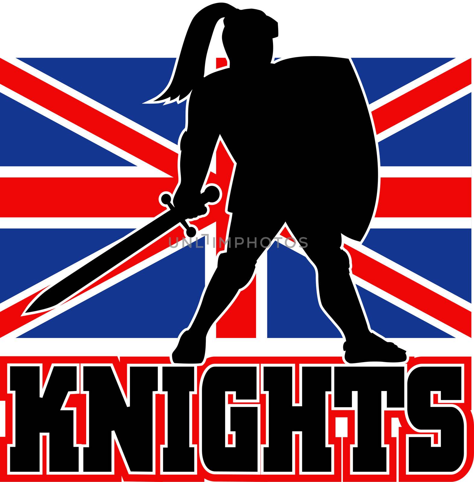 illustration of a Knight silhouette with sword and shield facing side with GB Great Britain British union jack flag in background words "Knights" suitable as mascot for any sports or sporting club or organization