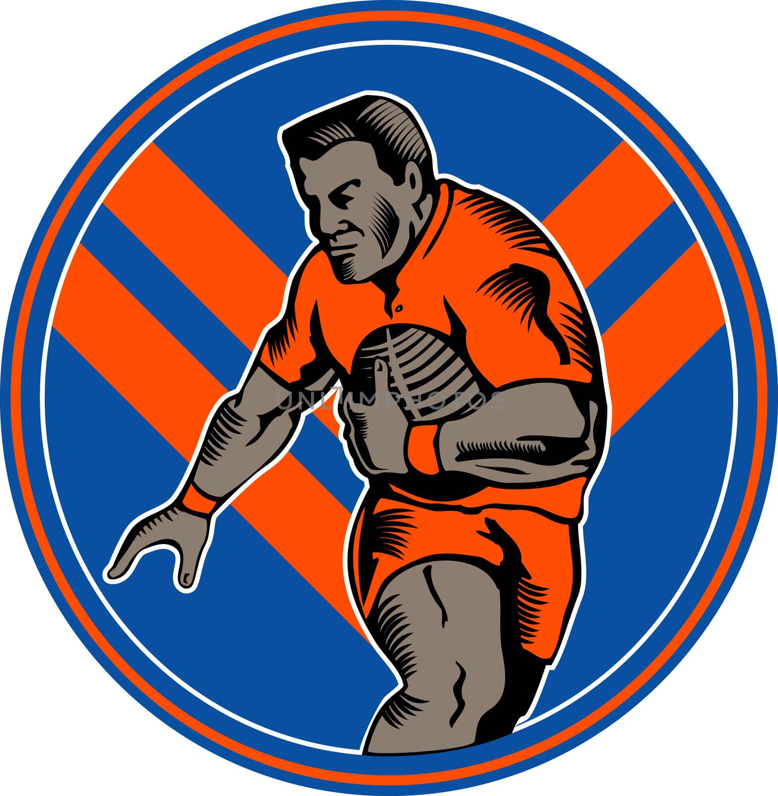 illustration of a Rugby player running with ball set inside oval with chevron in background set in circle done in woodcut style