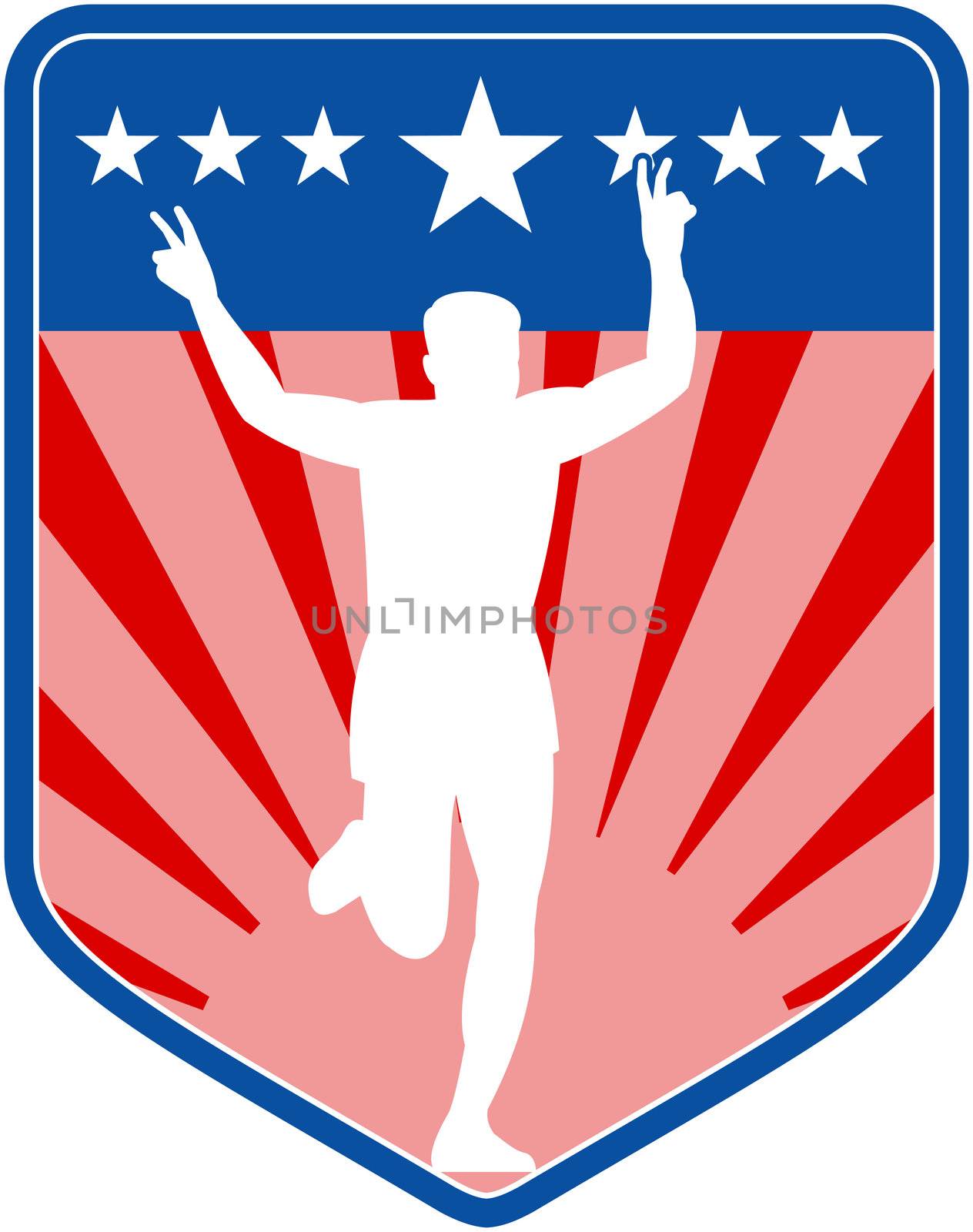 illustration of a silhouette of Marathon runner flashing victory sign done in retro style with  stars sunburst and stripes in shield