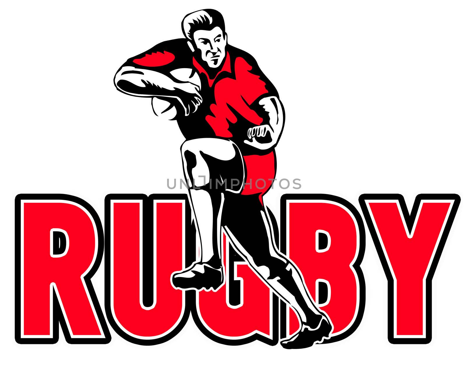 retro style illustration of a Rugby player running with ball and fending off on white background