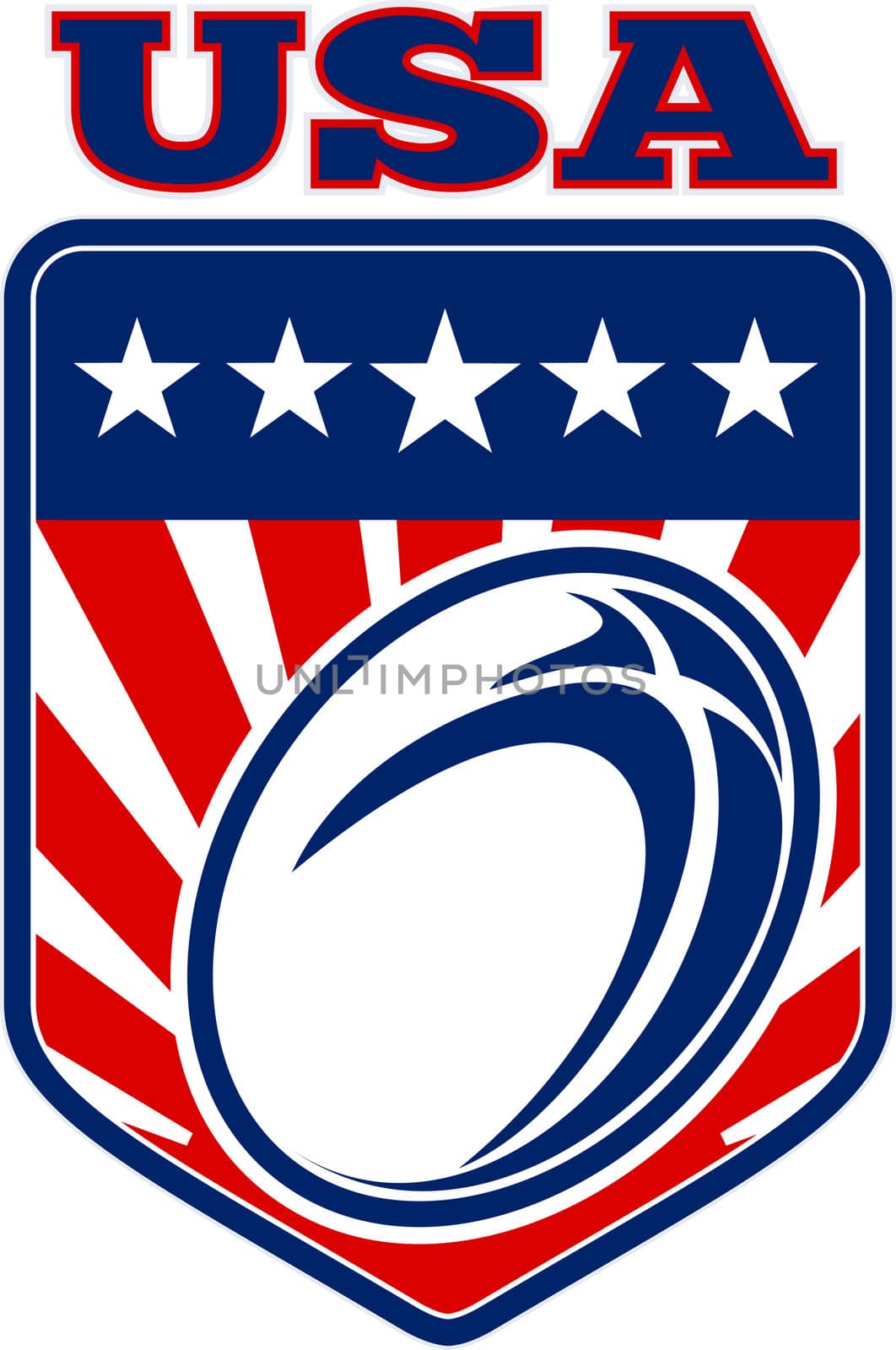 illustration of a rugby ball with stars stripes and sunburst set inside shield with words "USA" united staes of america