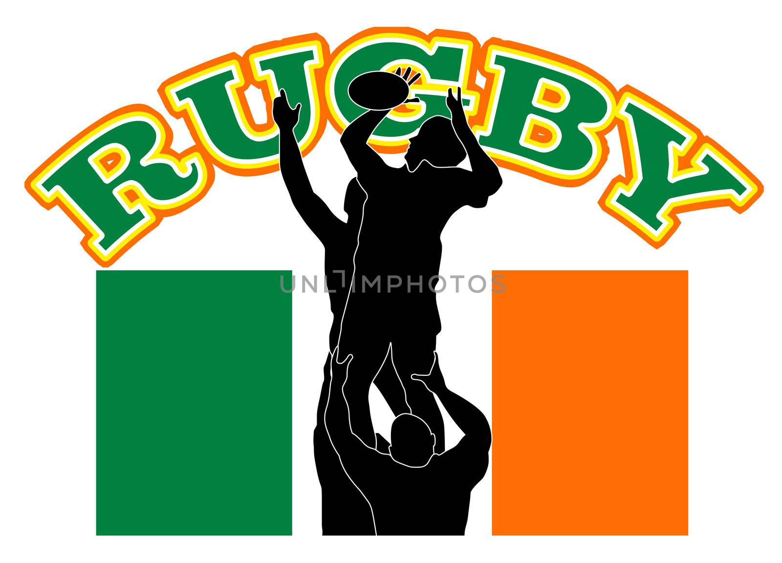 illustration of rugby player catcihng lineout throw with Ireland flag in background