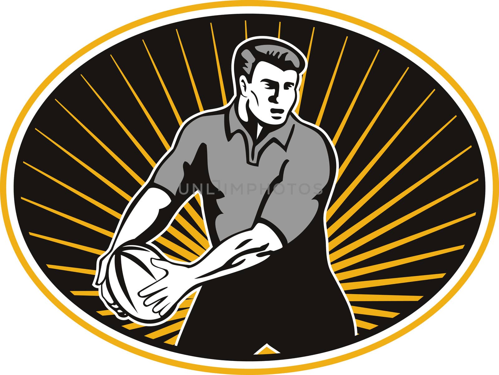 retro style illustration of a rugby player passing ball viewed from front set inside ellipse