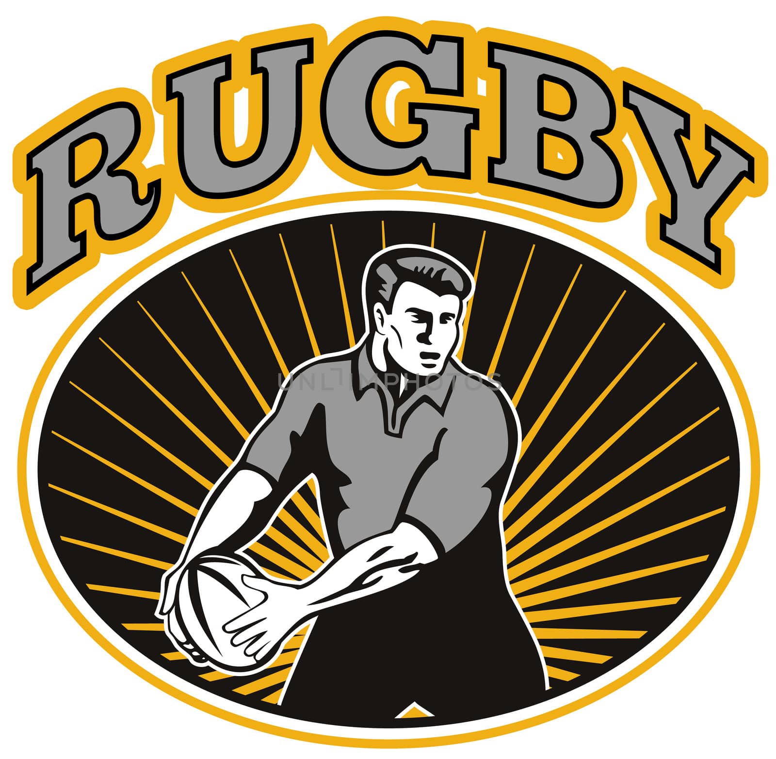 retro style illustration of a rugby player passing ball viewed from front with ball in background and words "rugby"