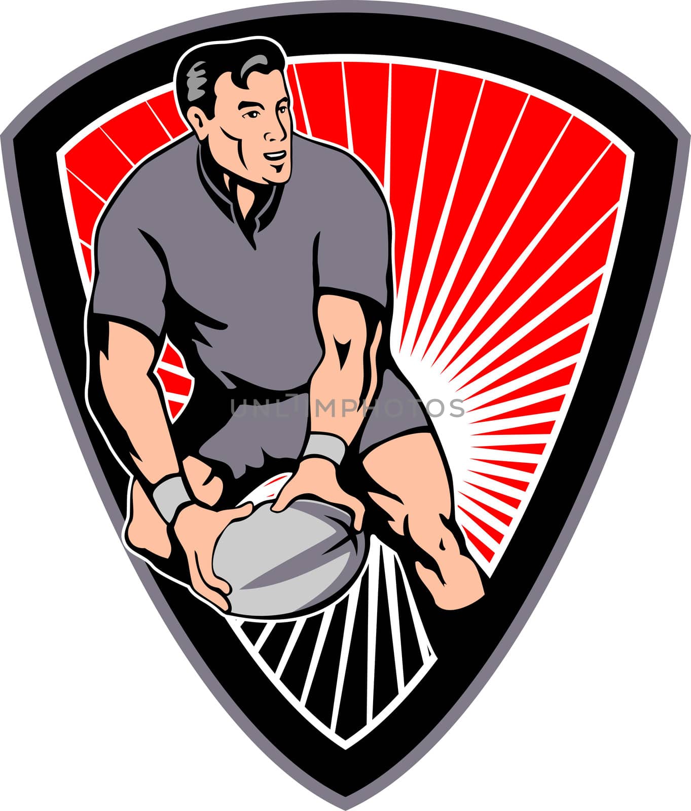 retro style illustration of a rugby player passing ball viewed from front with shield in background 