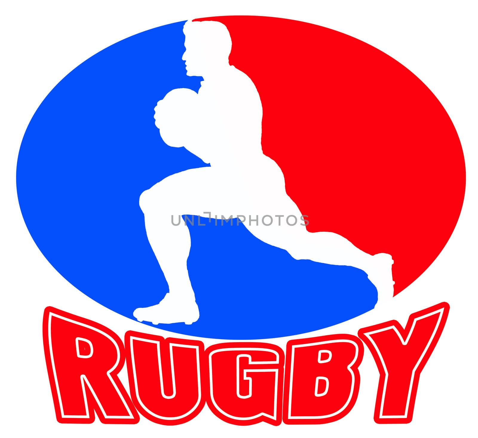 side view silhouette of a rugby player running with ball set inside a red and blue oval shape with words "rugby"
