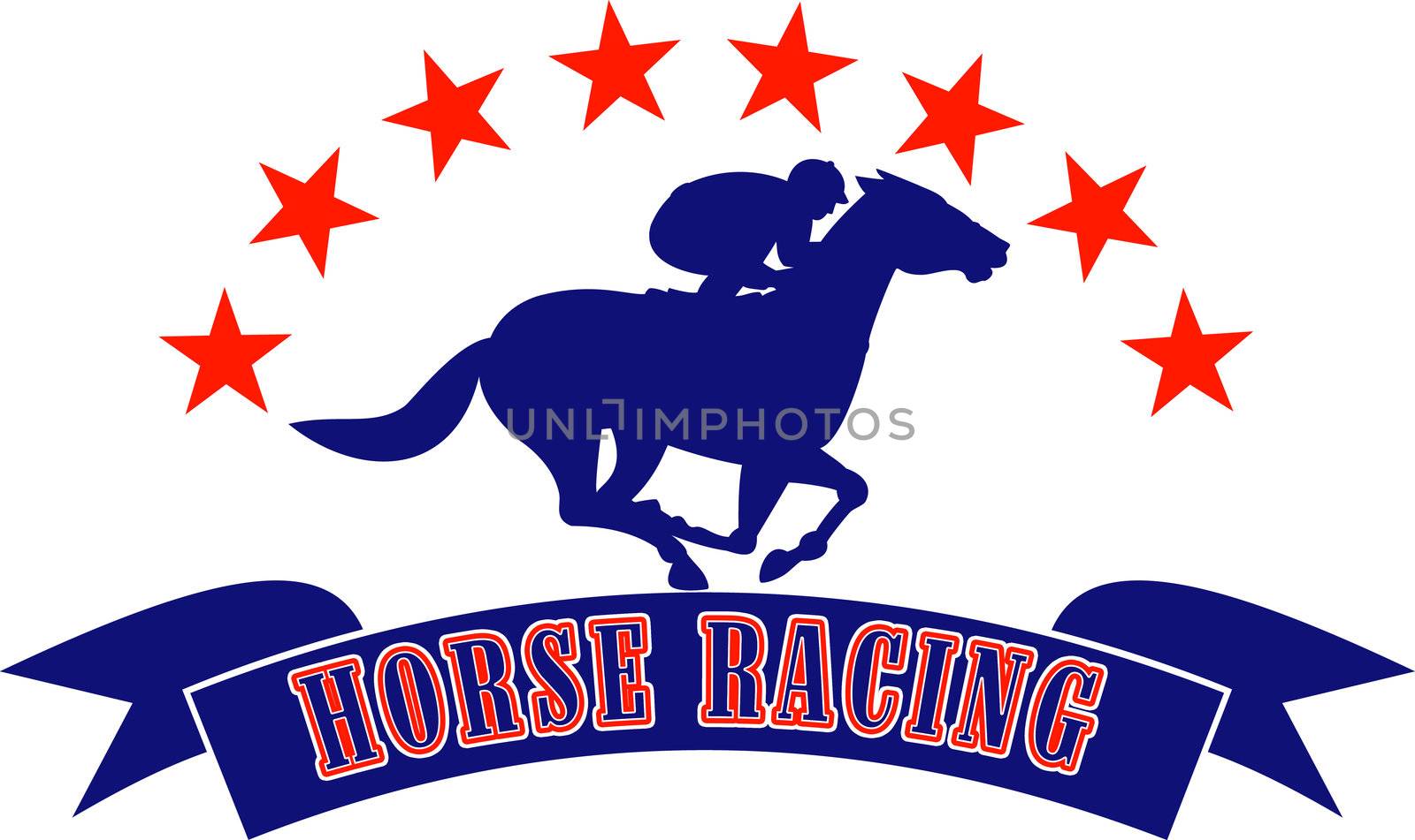 illustration of a horse and jockey racing silhouette with scroll in front and stars in background isolated on white 