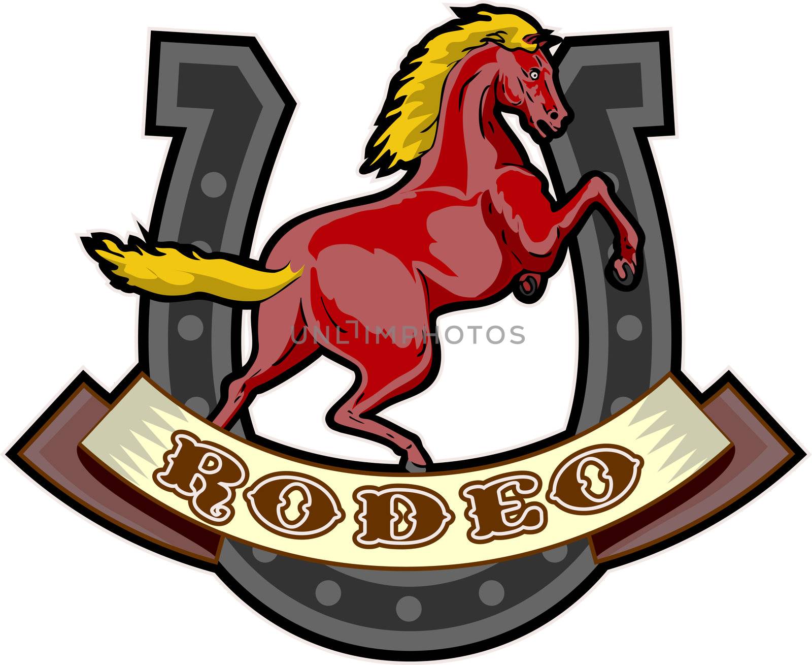 retro style illustration of a prancing horse with horseshoe in background and scroll in foreground with words "rodeo"