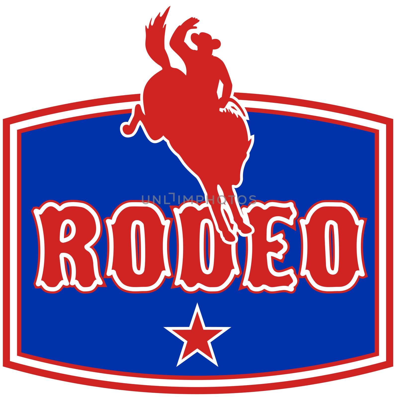 retro style illustration of an American  Rodeo Cowboy riding  a bucking bronco horse jumping with star and  in background with words "rodeo"