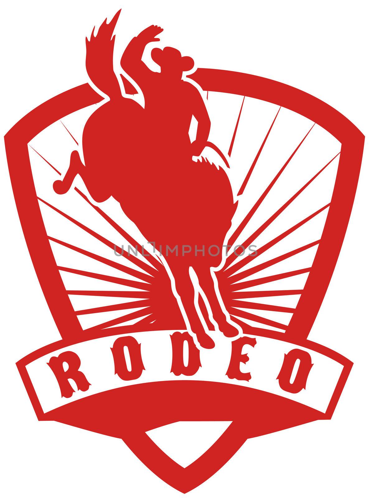 retro style illustration of an American  Rodeo Cowboy riding  a bucking bronco horse jumping with sunburst in  shield background and scroll with words "rodeo"