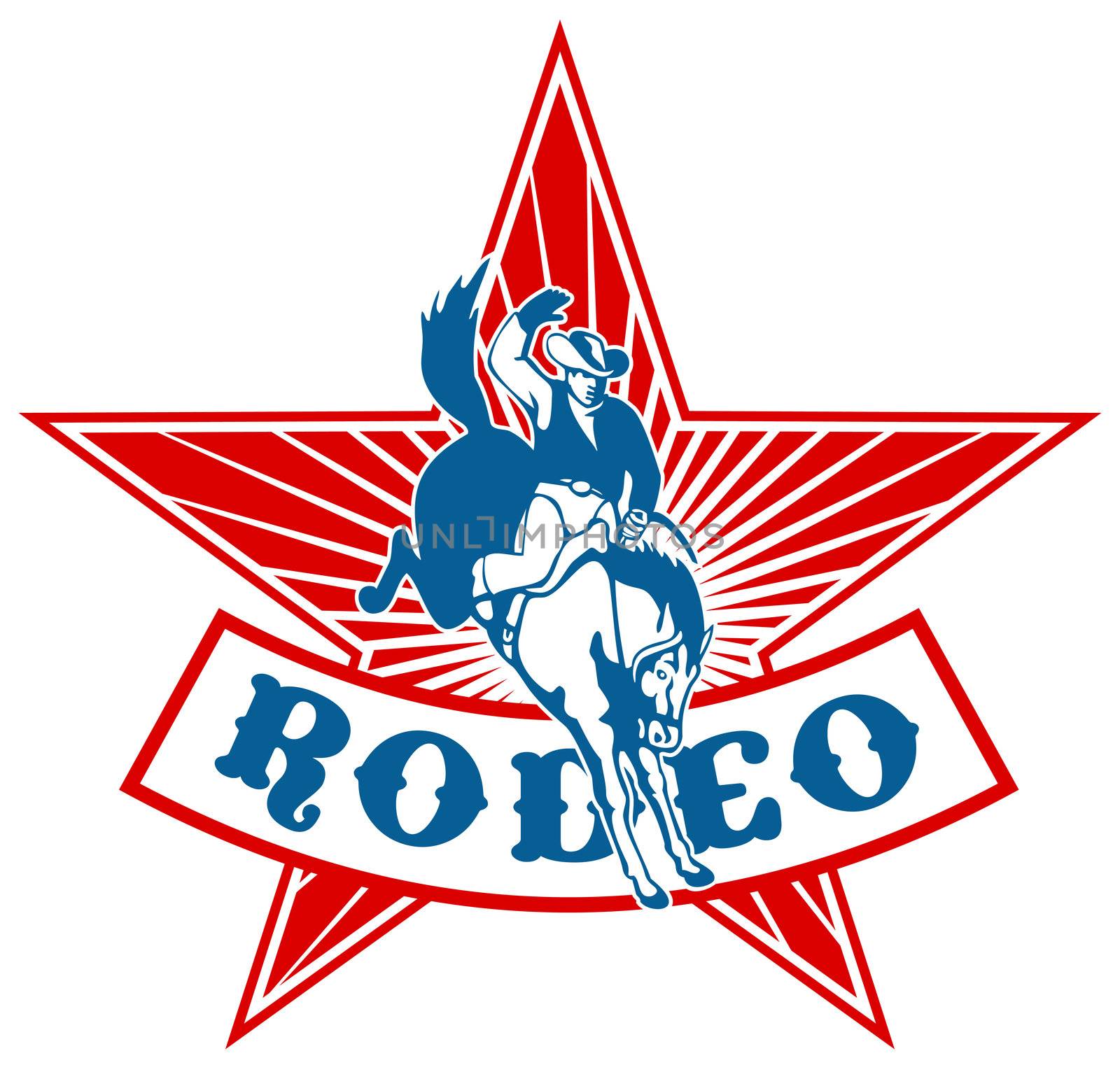 retro style illustration of an American  Rodeo Cowboy riding  a bucking bronco horse jumping with star and sunburst in background and scroll with words "rodeo"