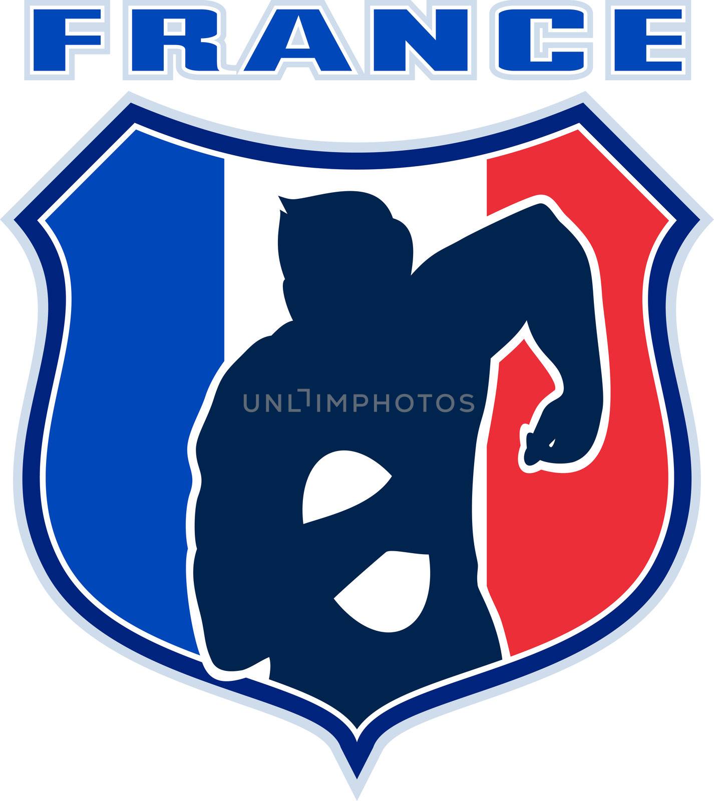 illustration of a french rugby player running with the ball silhouette front view with France flag in shield in the background
