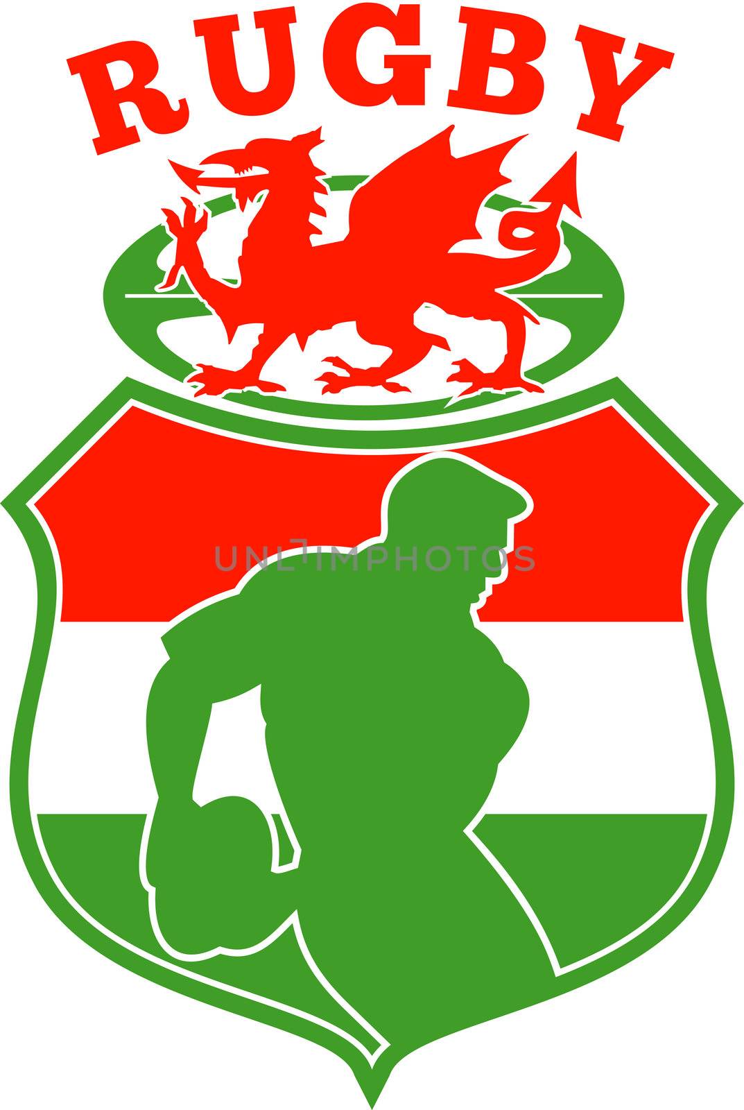illustration of a Welsh Rugby player silhouette running passing ball inside shield background and red Wales dragon