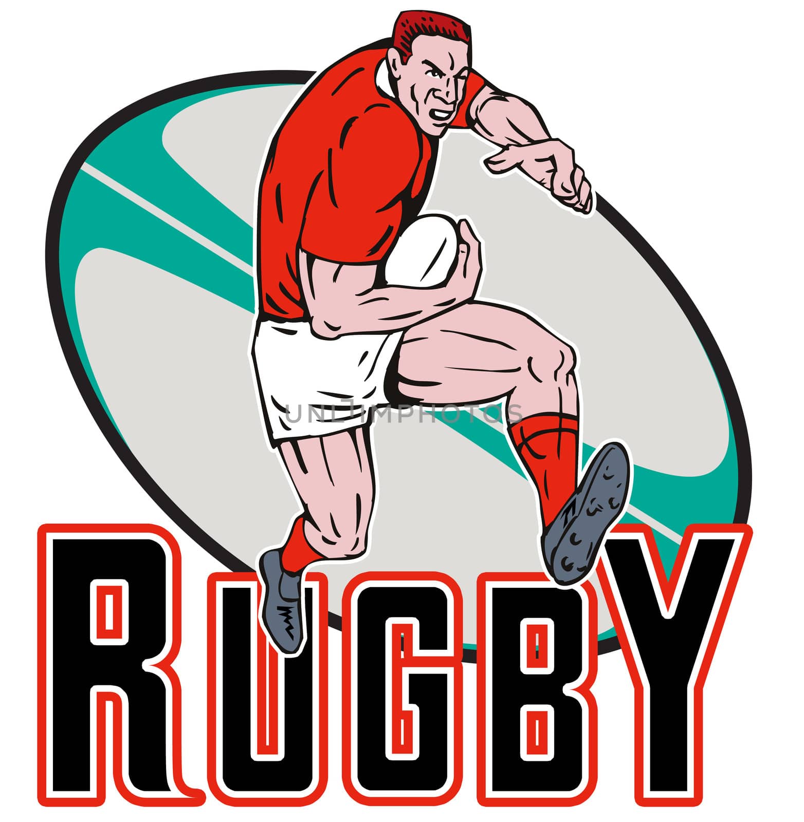 illustration of a Cartoon Welsh Rugby player running fending off  with ball in background