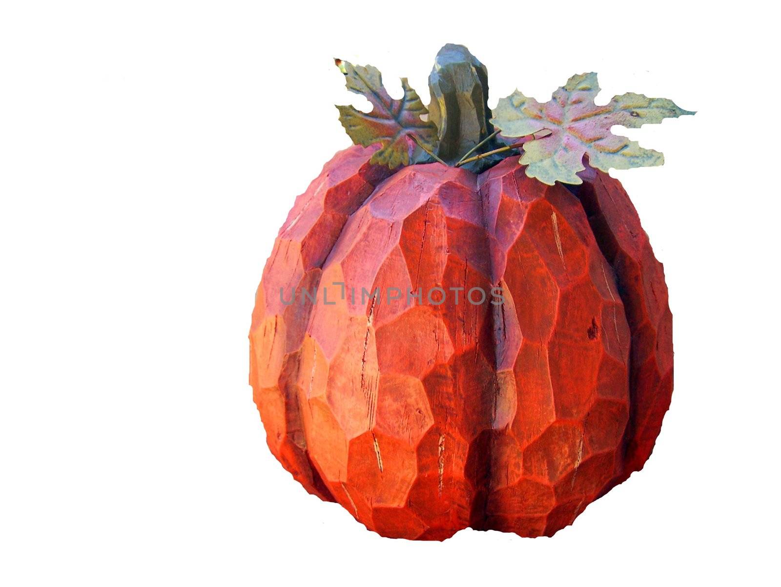 Orange wooden carved pumpkin on white background. Autumn, halloween, fall, thanksgiving home decoration for interior design.