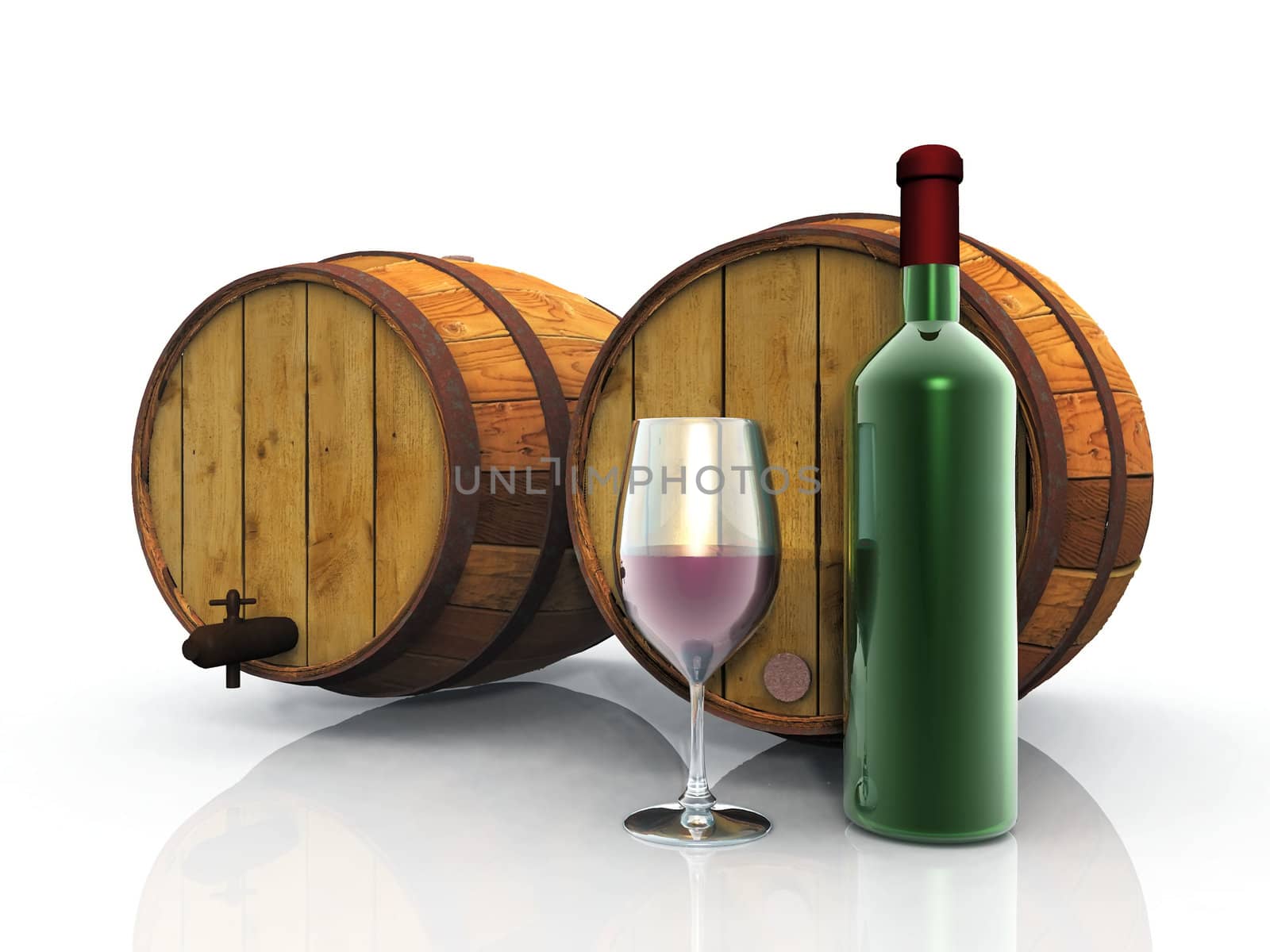 wine, barrels, glass and bottle