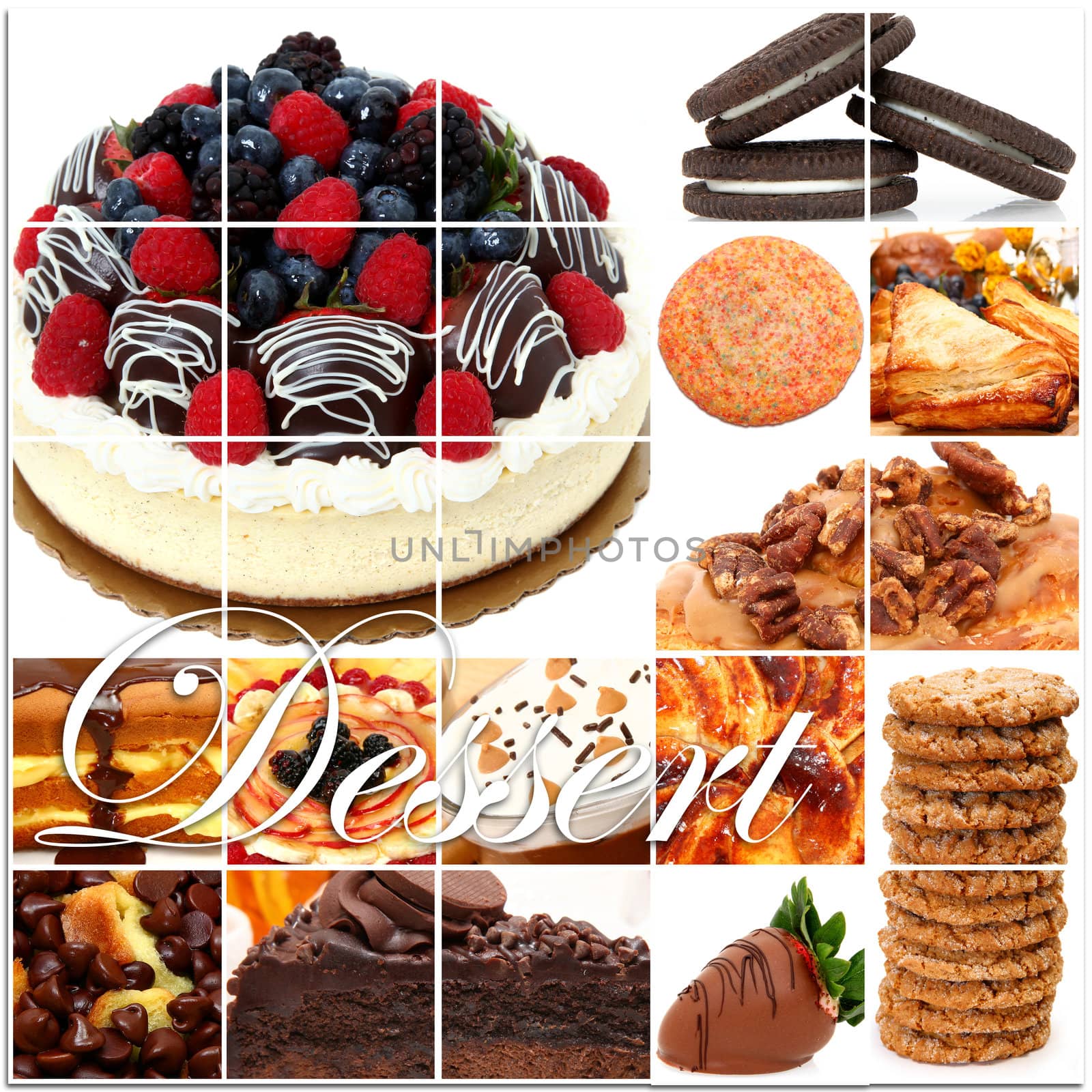 Dessert collage including cakes, fruit, pies, pastry, cookies and more over white.