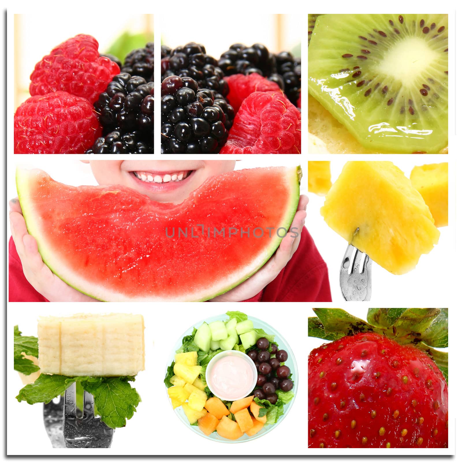 Collage of watermellon, strawberry, blackberry, raspberry, banana, mint, kiwi, pineapple, cantelope, grapes and boys smile.