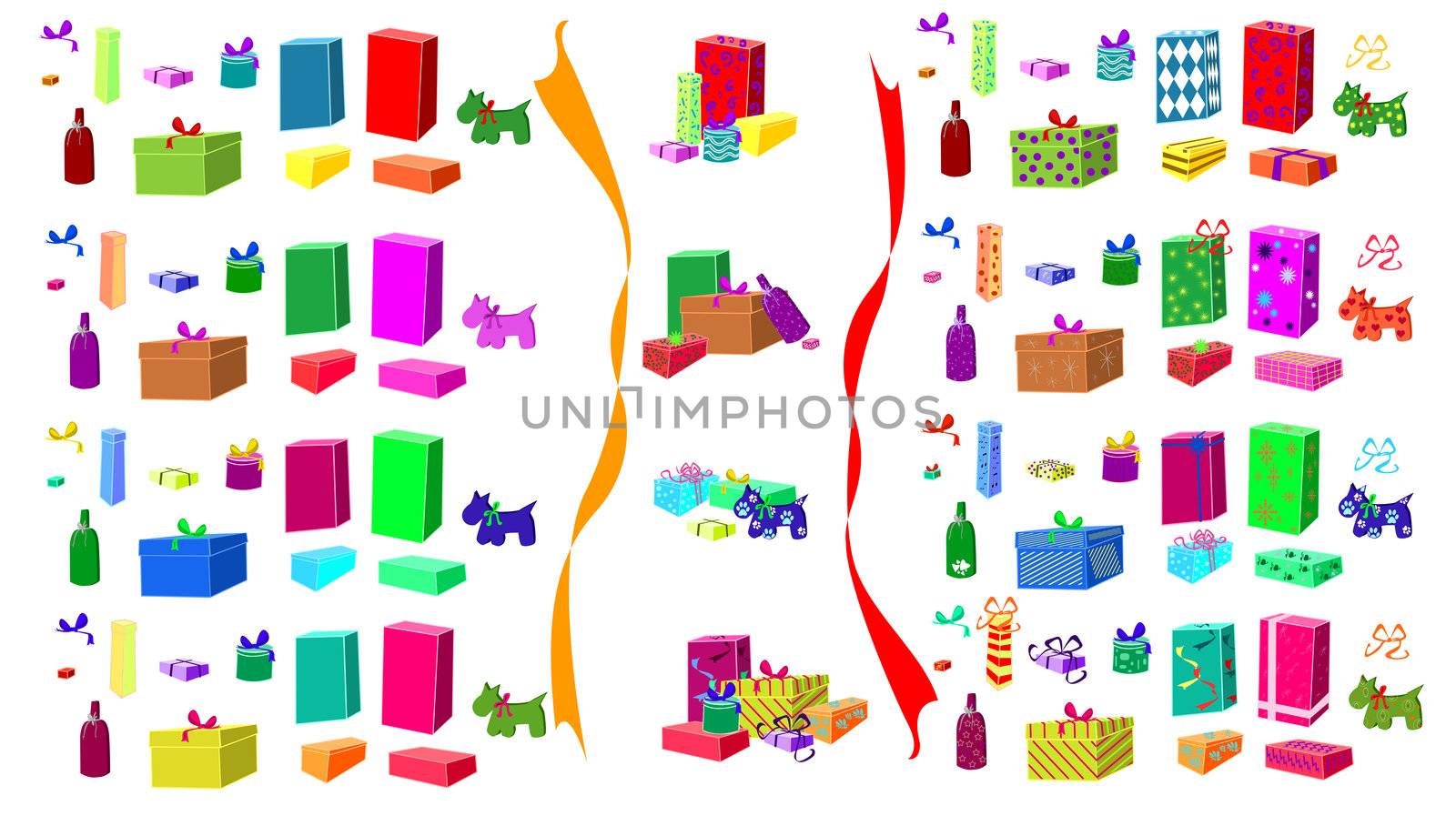 Collection serie of crooked uneven gifts raster illustration with or without pattern, for all celebrations and occasions, all isolated on white to allow for your your own arrangement.
