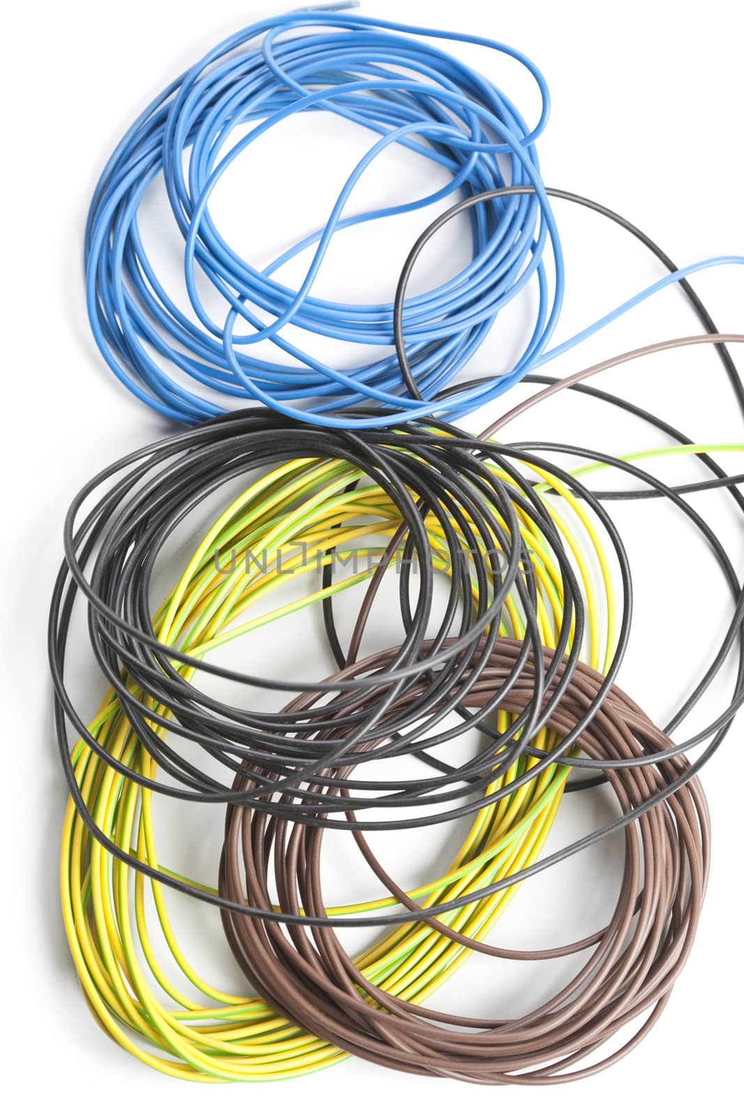 Colorful coils of cables on a white background