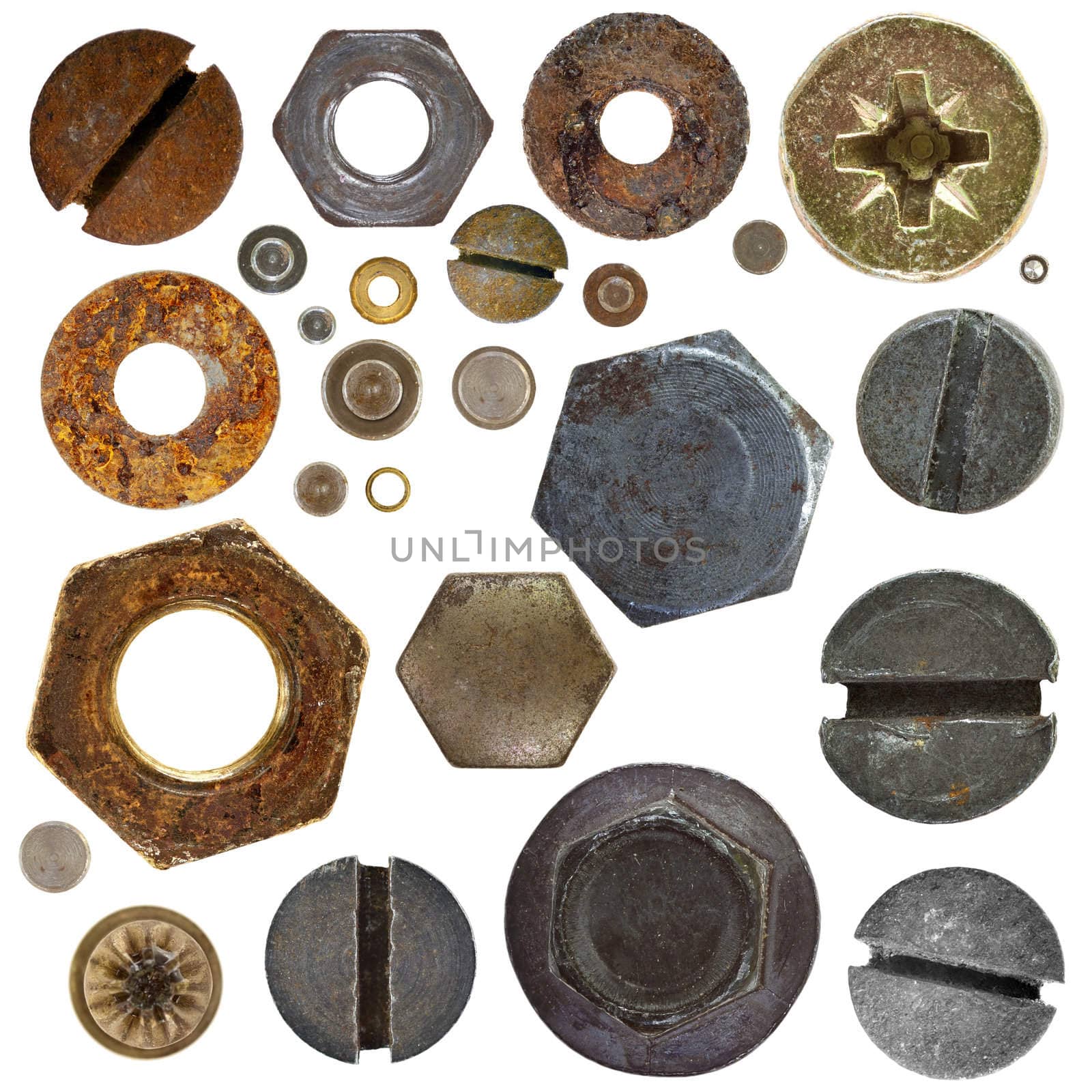 ironmongery - collection of the various nuts rivets bolthead on white background 