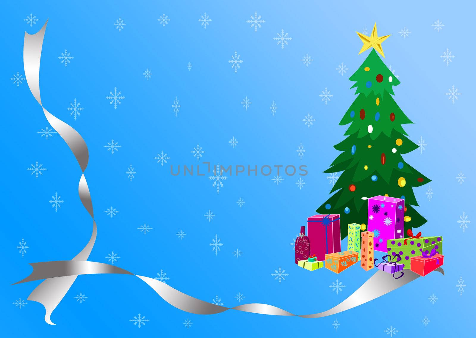 Fun Christmas card background with silver ribbons a Christmas tree and many gifts of all shapes and sizes.