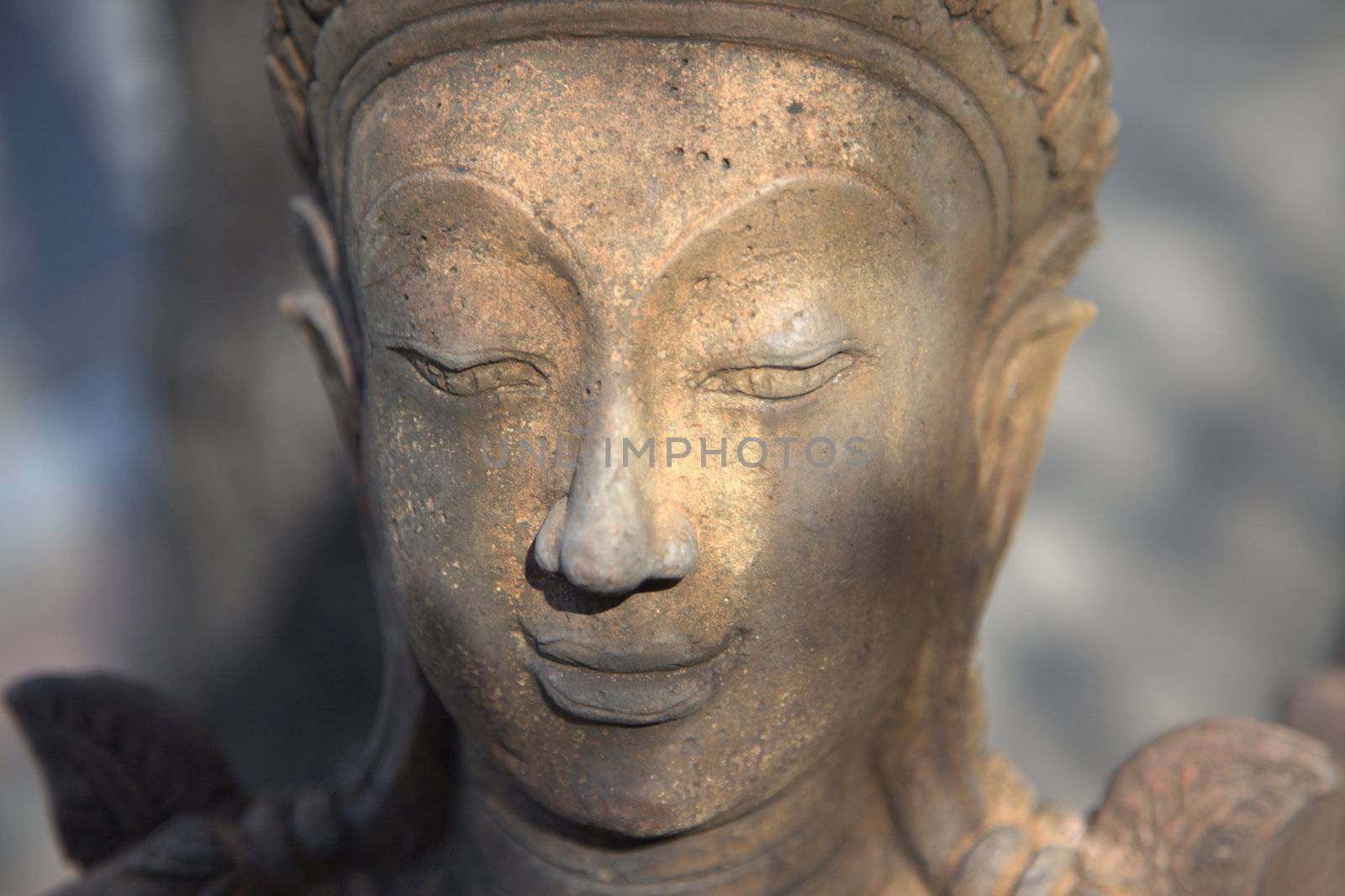 Head of a Buddha in the evening sun - horizontal