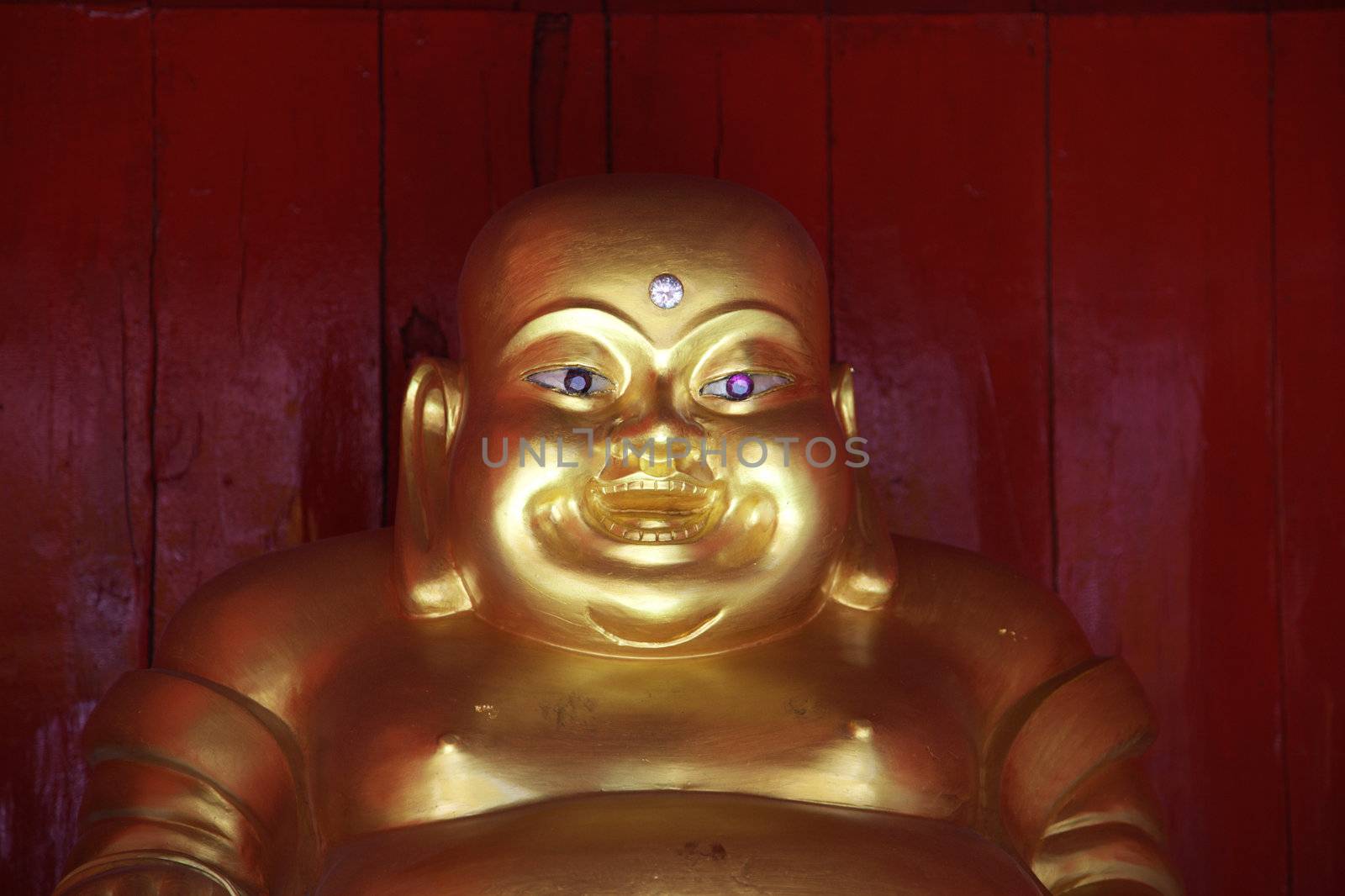 thick, golden Buddha with a gem in the forehead