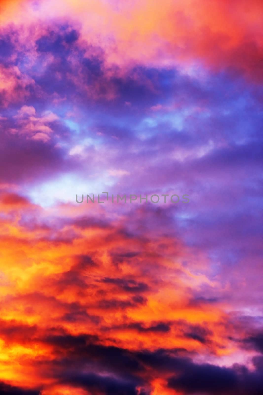 Inferno: sky on fire with deep orange and purple clouds, almost abstract background.