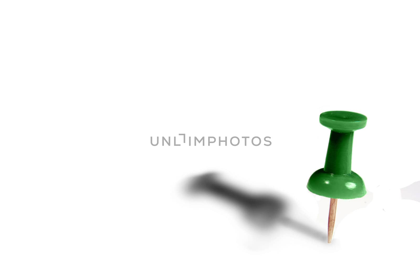 A green tack standing up with shadow, white copyspace