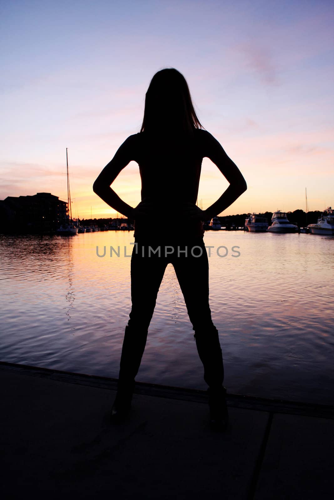 A sexy woman standing by water, silhouette