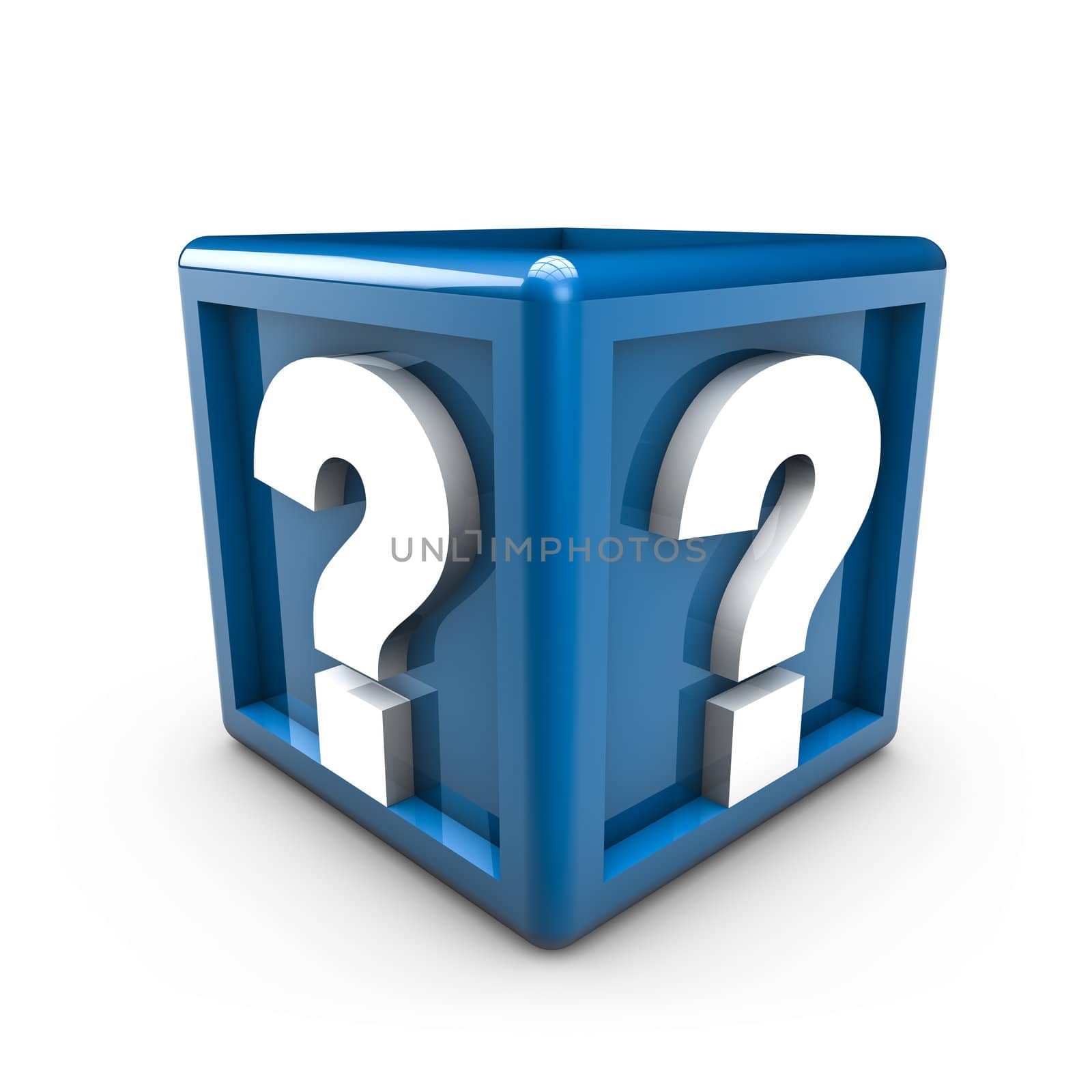 Rendering of two question mark on a blue cube