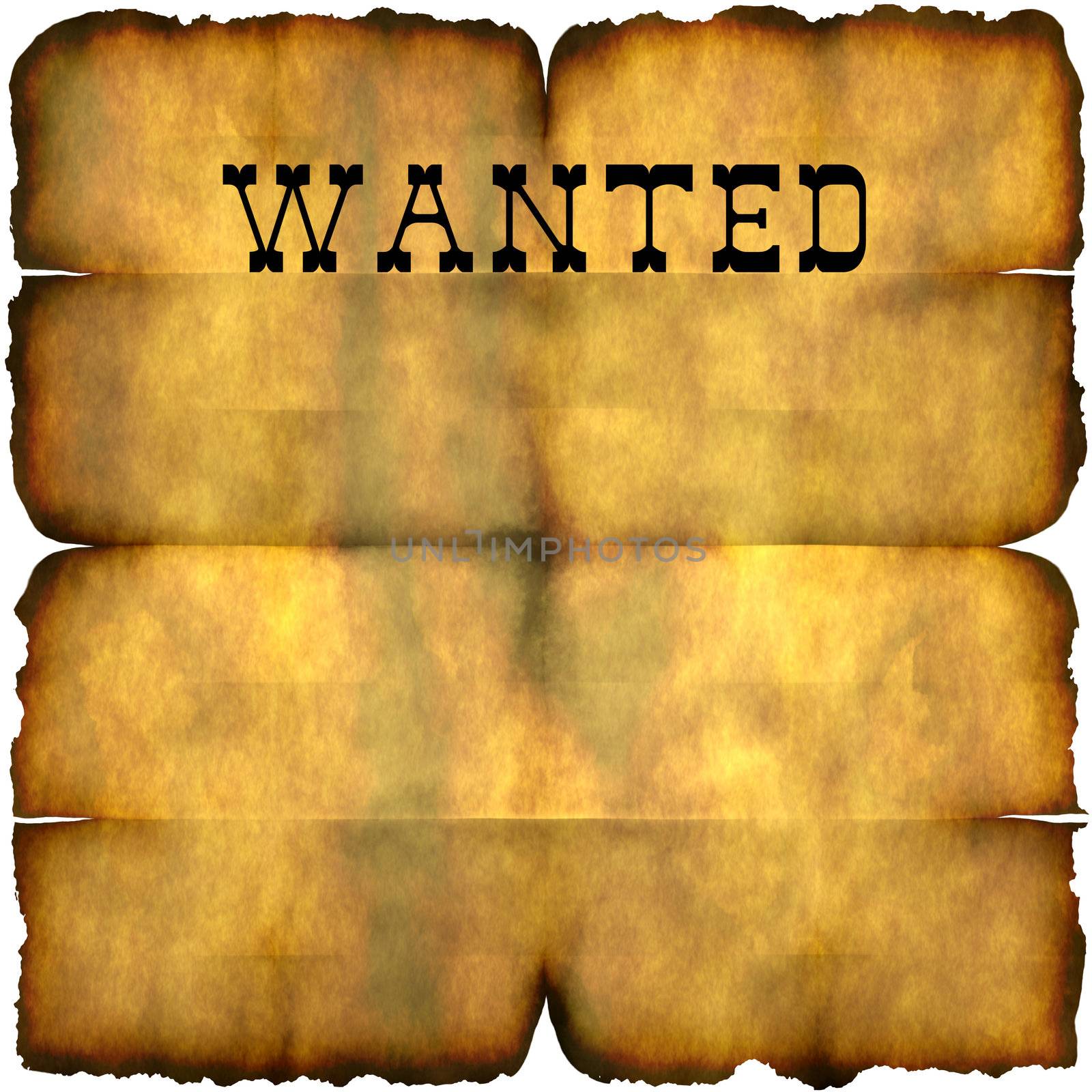 An empty wanted poster with copy space isolated over white.