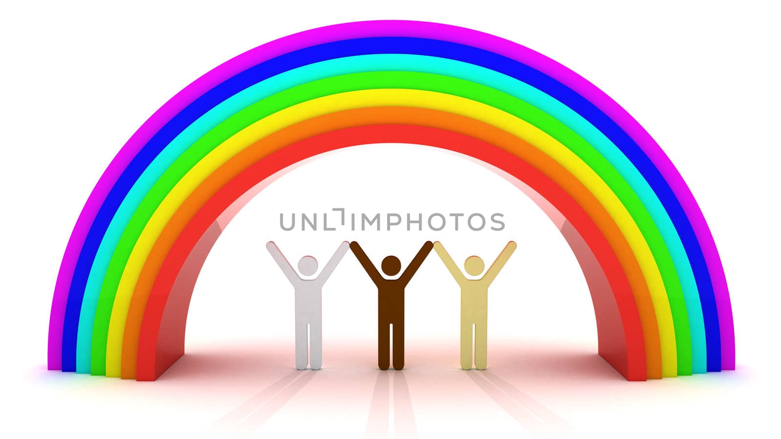 Multi-ethnic group of people under rainbow. 3d objects isolated on the white background.