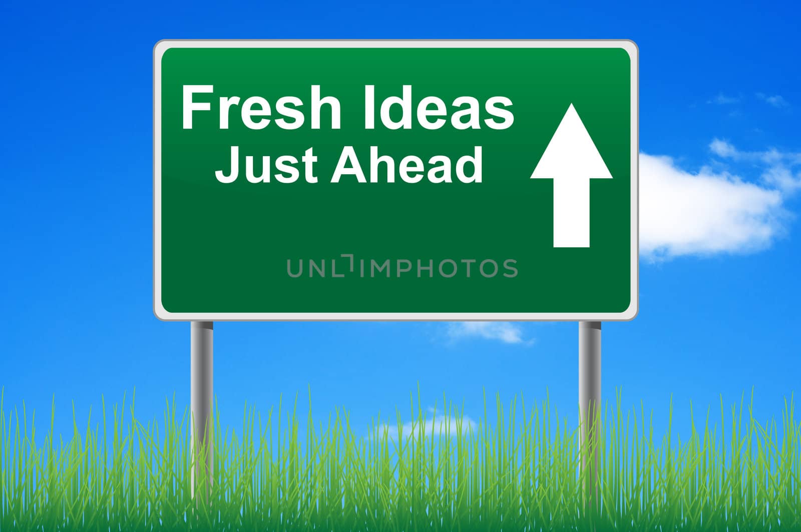 Fresh ideas road sign on sky background, grass underneath.