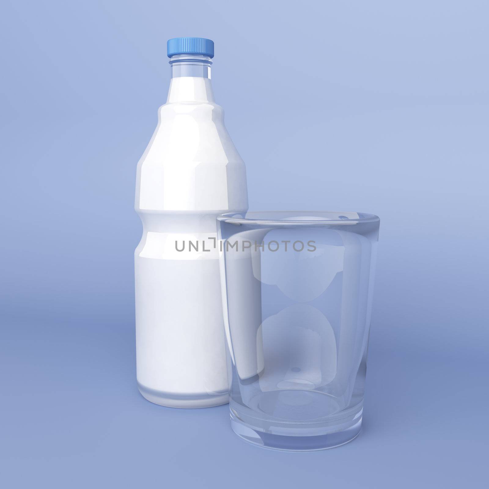 Milk in a glass bottle and empty glass on blue background