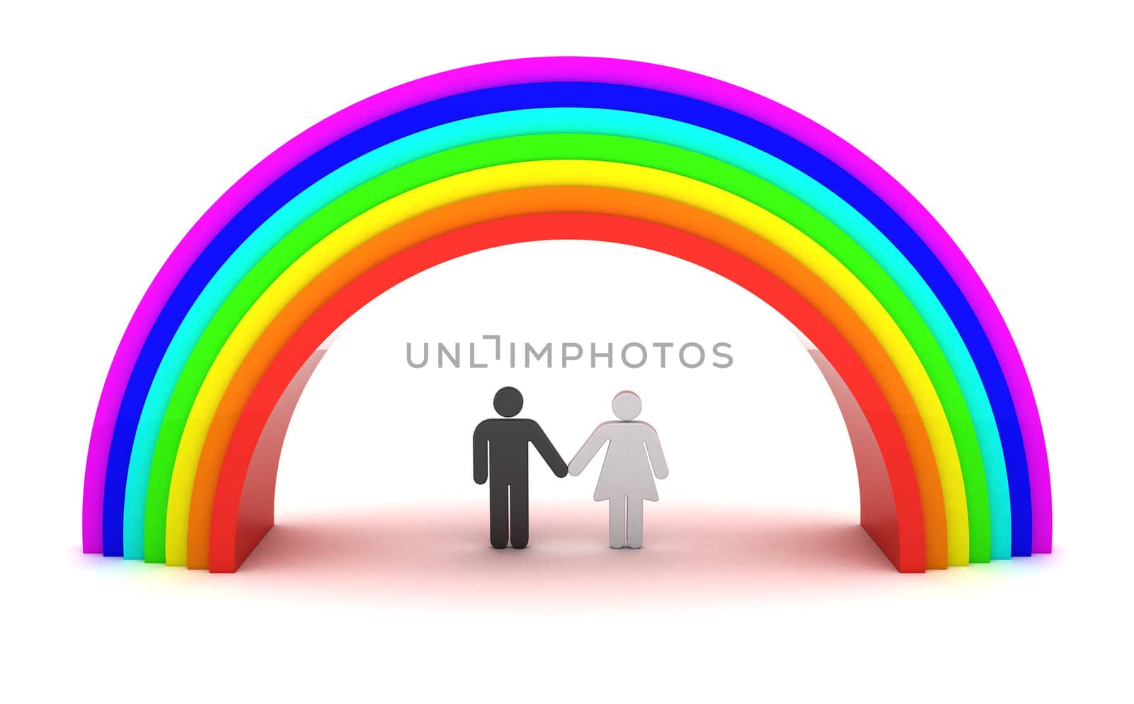 Man and woman under rainbow. 3d objects isolated on the white background.