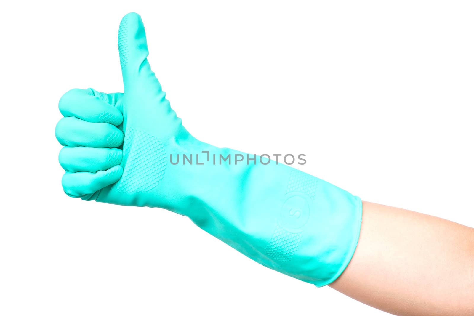 Hand with thumb up in green protective glove, isolated on a white background