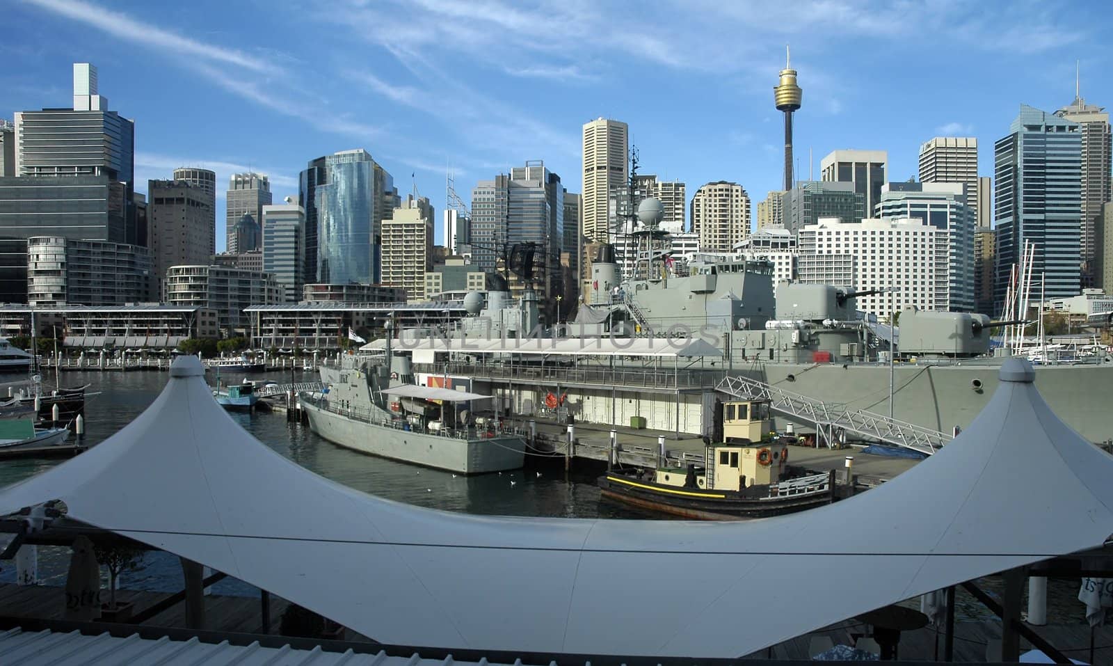 darling harbour, army battle ship attraction, sydney tower, cbd skyscrapers