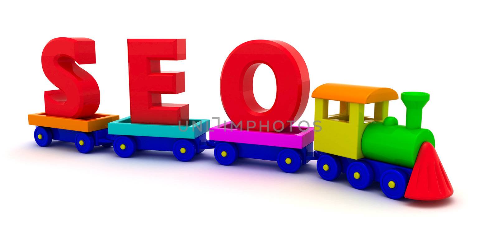 The word "SEO" on the toy train