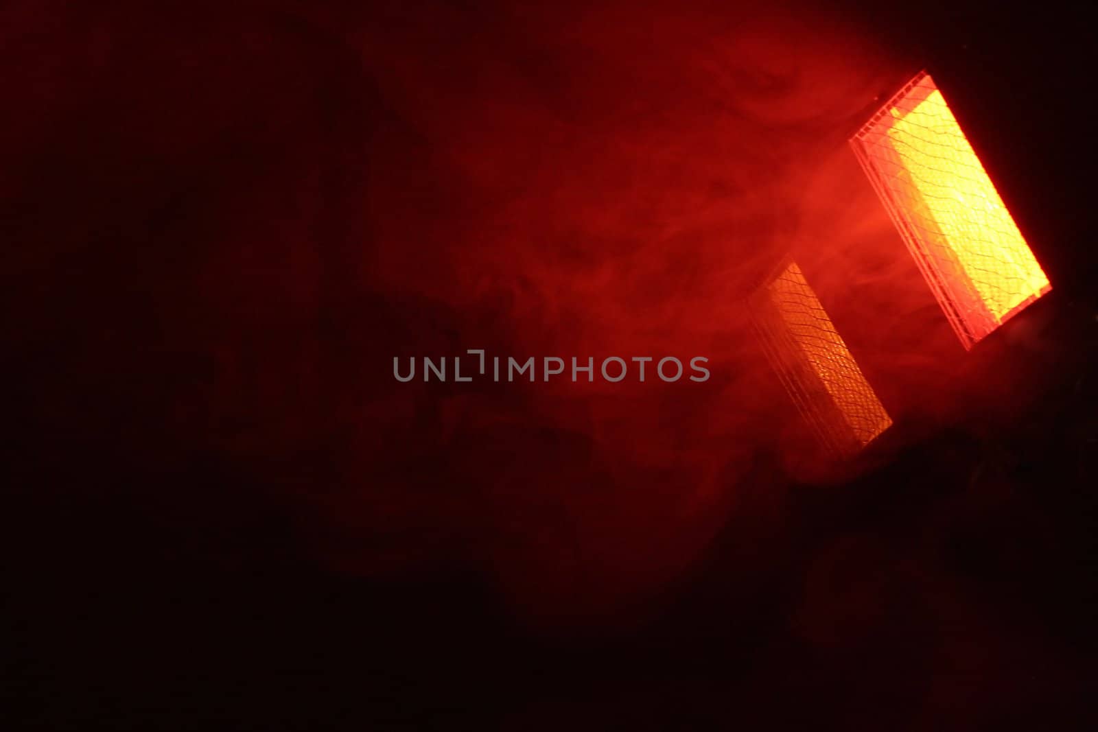 red concert light, fog, black background