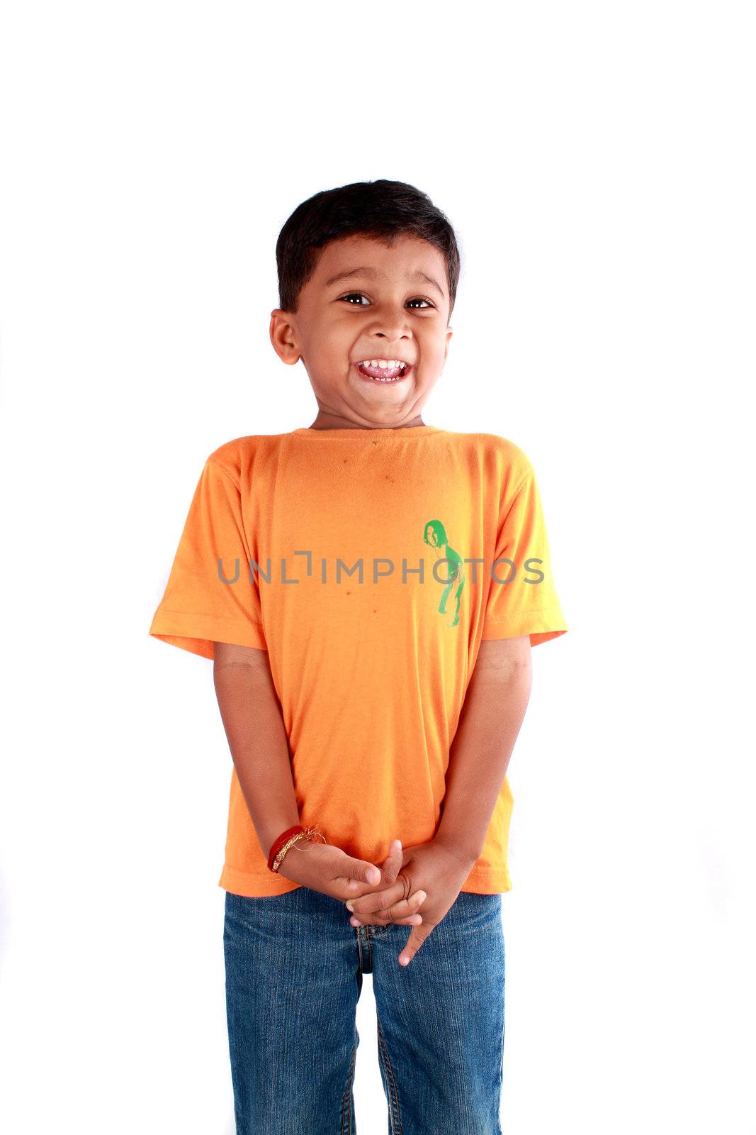 A happy Indian kid, on white studio background.