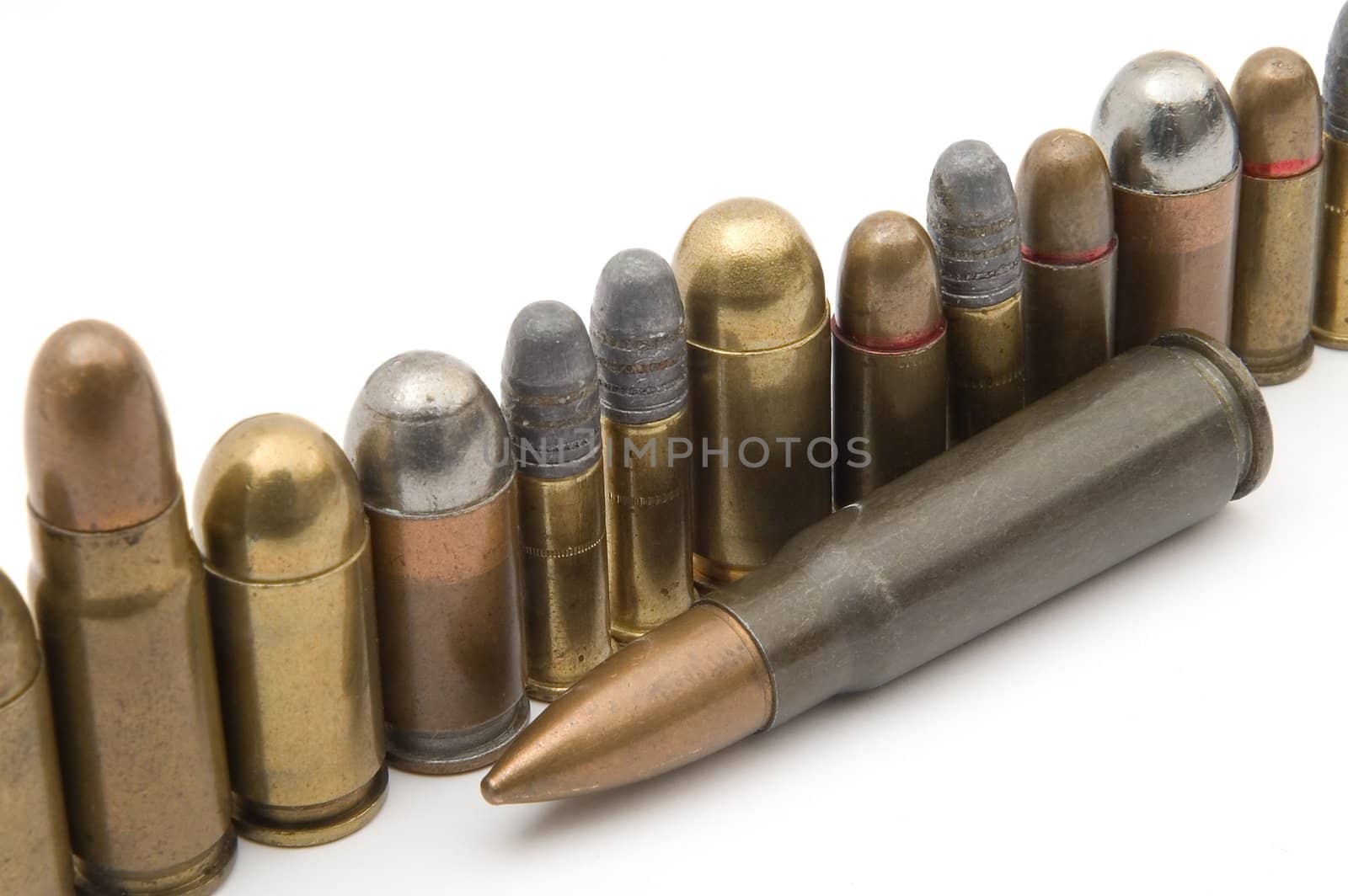 various bullets isolated on white background, diagonal orientation