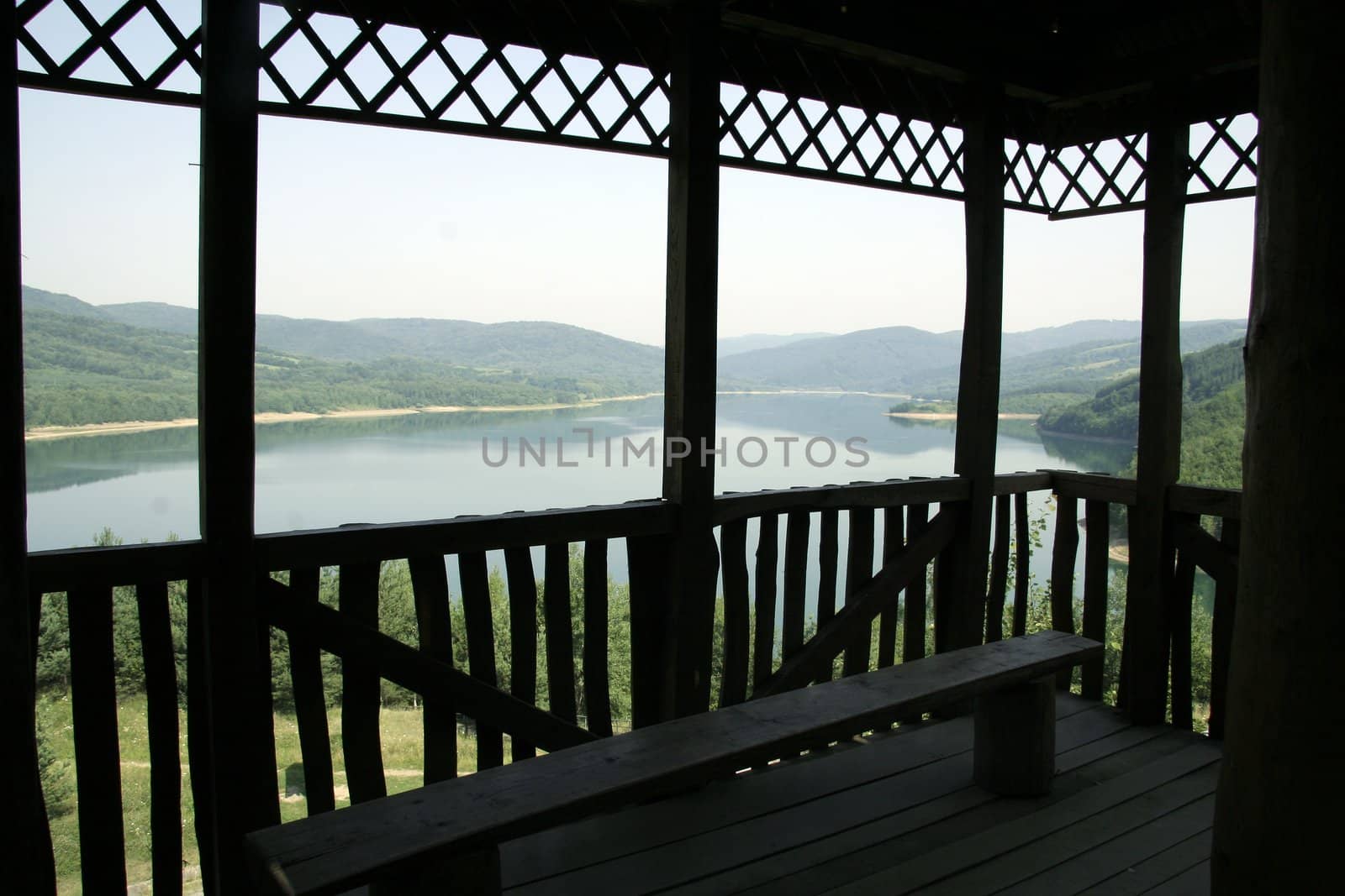 nature lake scenery viewed from wooden lookout