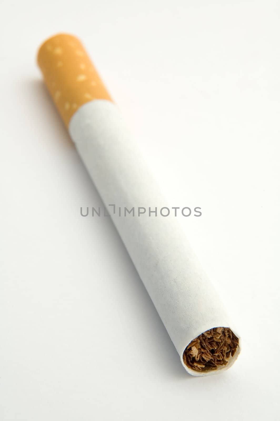 single cigarette on white background, diagonal orientation, distance blur